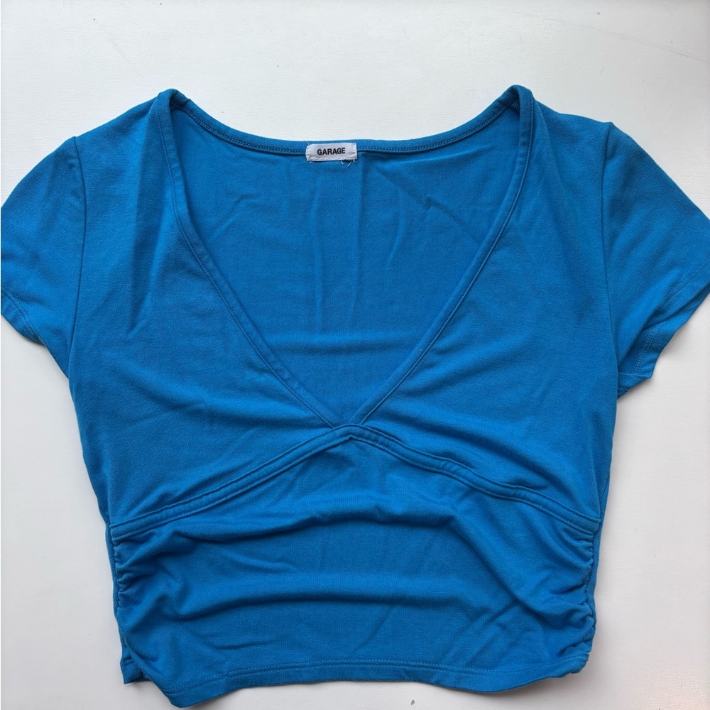 Garage Blue Ruched Wrap Crop Top